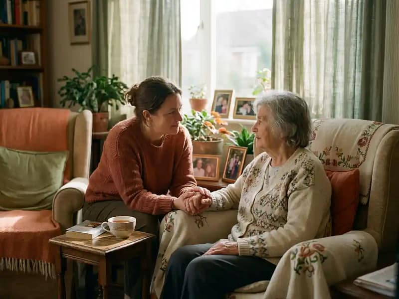Mantelzorger helpt oudere vrouw in fauteuil, halfvol kopje thee op houten bijzettafel, zacht middaglicht door vitrage.