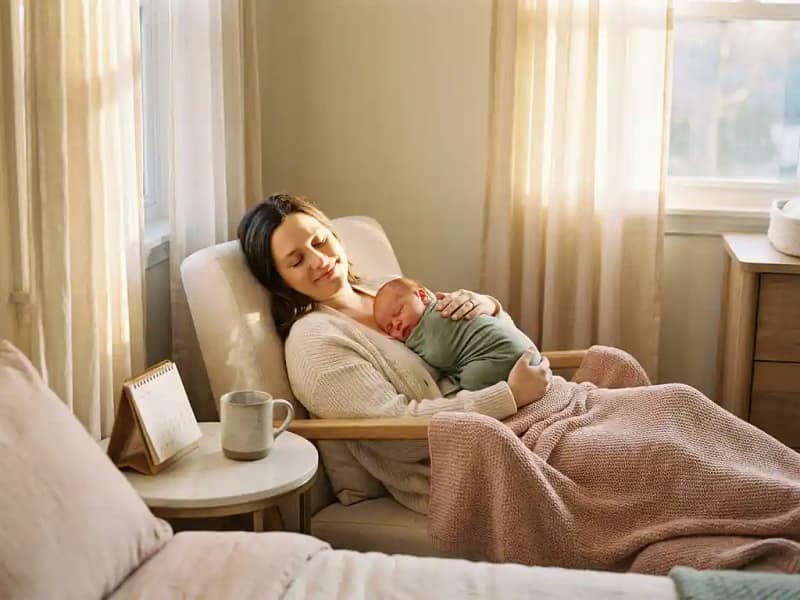 Nieuwe moeder rust met slapende pasgeboren baby tegen haar borst, kruidenthee en kalender op nachtkastje, zachte middagzon.