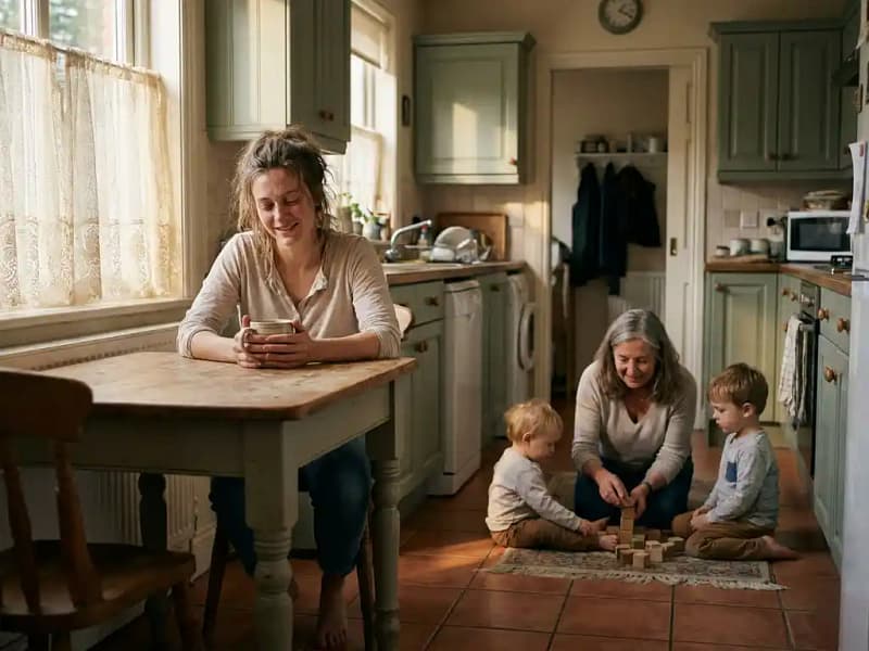 Vermoeide jonge moeder met thee aan houten keukentafel terwijl oudere oppas twee kleine kinderen verzorgt in warm middaglicht.