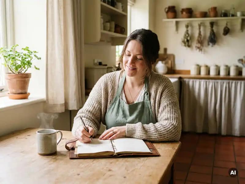 Nanny aan keukentafel met opengeslagen weekplanner en dampende koffie, warm ochtendlicht door linnen gordijnen.