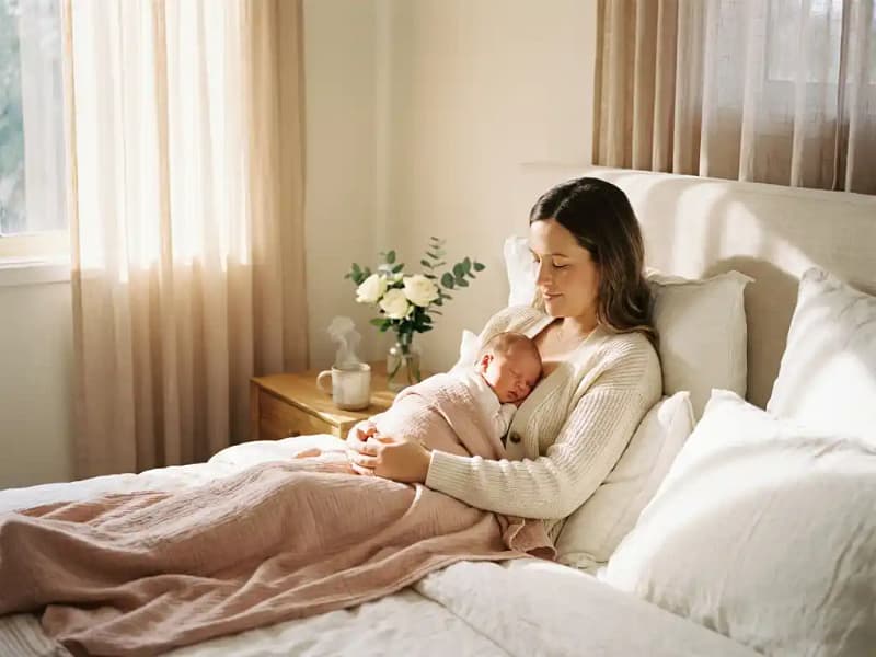 Nieuwe moeder rust in zonnige slaapkamer met pasgeboren baby op haar borst, witte bloemen en thee op nachtkastje.
