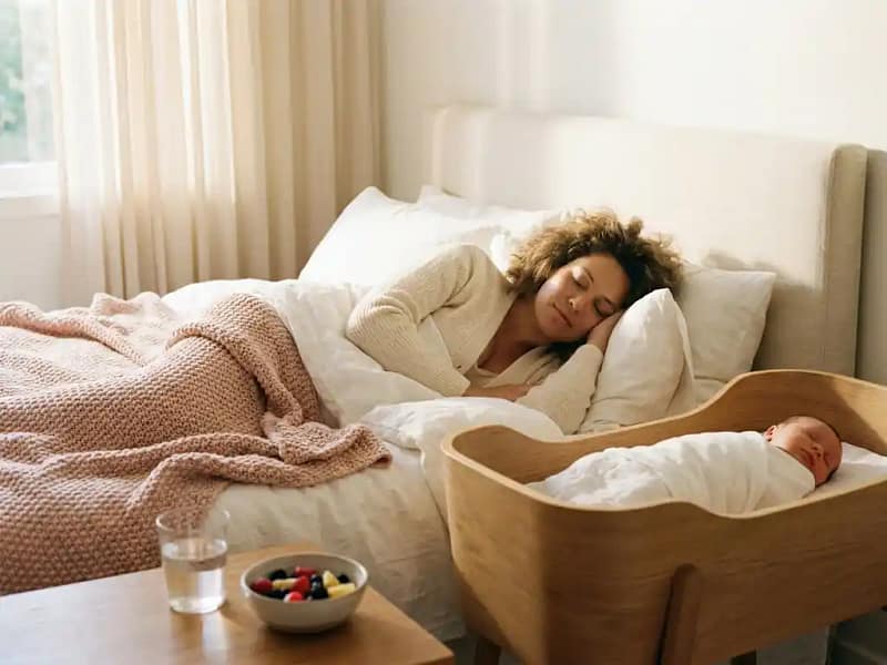 Nieuwe moeder rust in zonnige slaapkamer naast slapende pasgeboren baby in wieg, met fruit en water op nachtkastje.