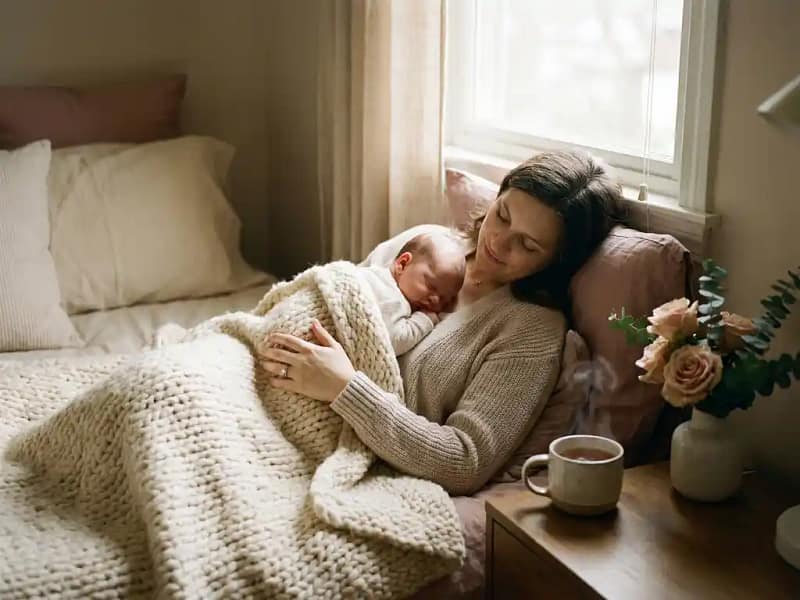 Nieuwe moeder rust in zachtverlichte slaapkamer, pasgeboren baby tegen borst, warme gebreide deken, dampende thee en bloemen op nachtkastje.