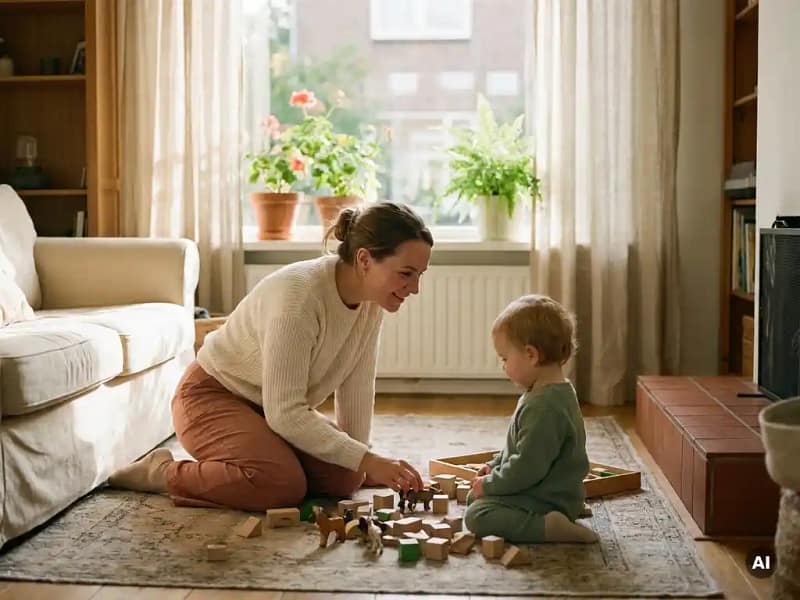 Nanny knielt naast peuter op zonnig woonkamervloer, samen spelend met houten speelgoed in gezellig Nederlands interieur.