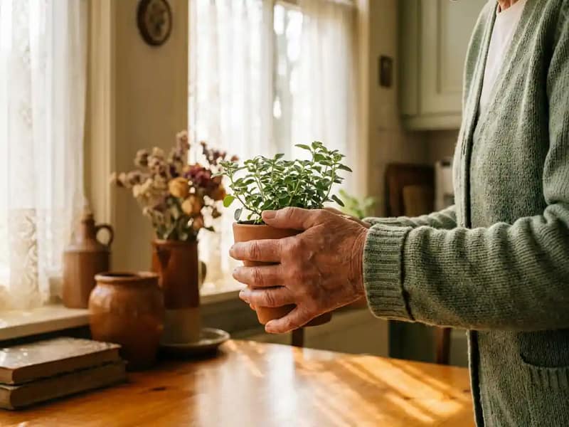Oudere vrouwenhanden houden een kleine kamerplant vast op een zonnige keukentafel in een knus Nederlands interieur.