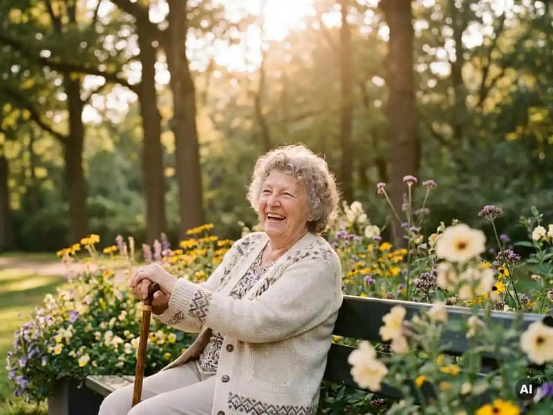 Lachende oudere vrouw met lichtgekleurde vest op een zonnig bankje in een Nederlands park, wandelstok en bloemen op de achtergrond.