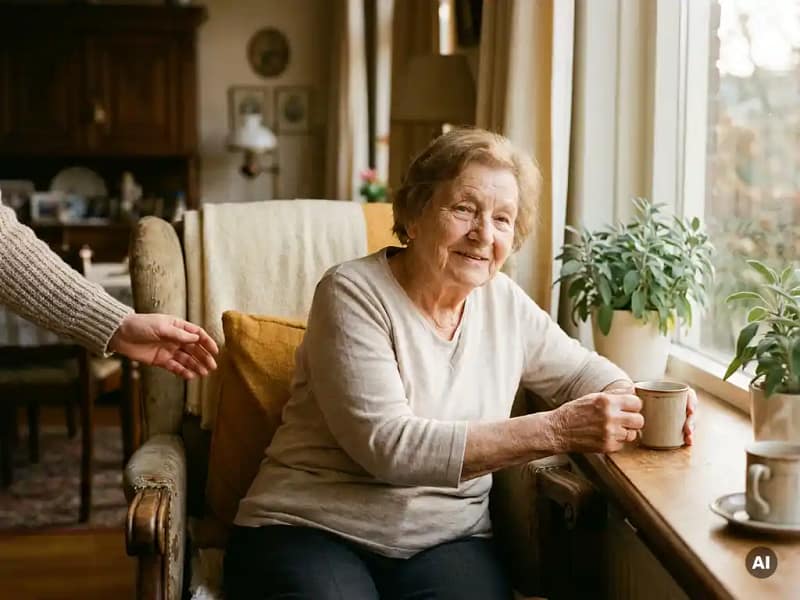 Oudere vrouw bij zonnig raam met dampende thee, terwijl een mantelzorger haar hand aanreikt in een gezellige Nederlandse woonkamer.
