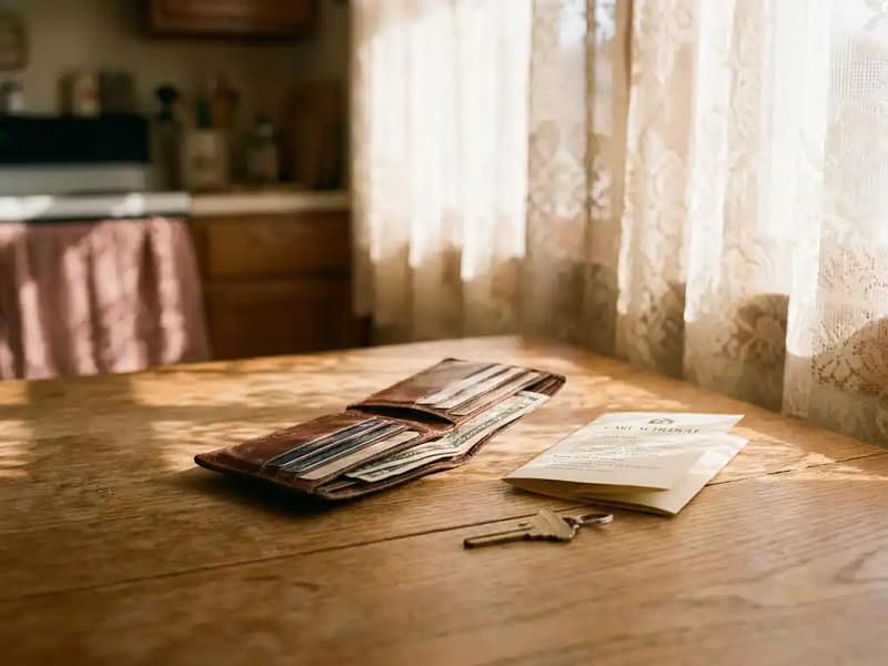 Versleten leren portemonnee open op eiken tafel naast gevouwen zorgschema en huissleutel, zacht middaglicht door kanten gordijn.