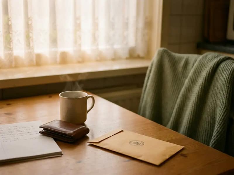 Dampende kop thee op keukentafel naast versleten leren portemonnee, officiële envelop en handgeschreven notitieblok in warm middaglicht.