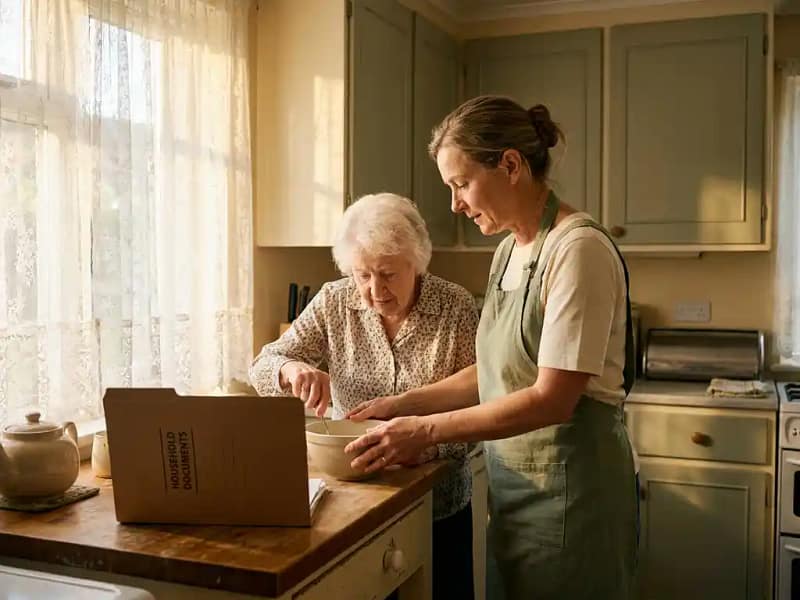 Thuiszorgmedewerker helpt oudere vrouw in lichte huiskeuken, georganiseerde map op aanrecht, middagzon door kanten gordijnen.