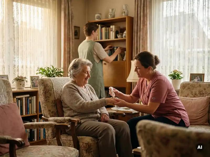 Oudere vrouw in fauteuil die thuiszorg ontvangt van twee verzorgers in een warme, lichte woonkamer.