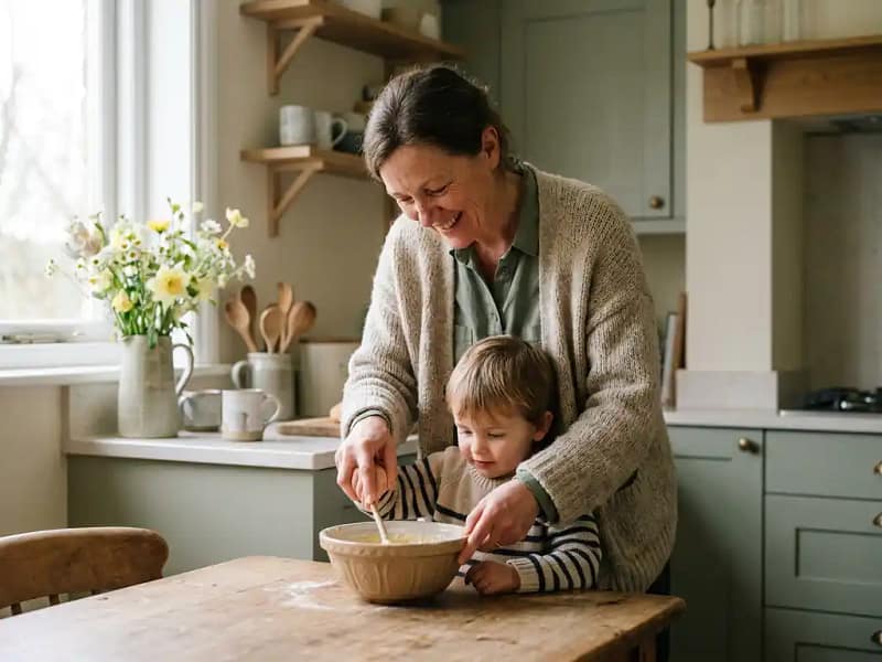 Vrouw in vest helpt jong kind aan houten keukentafel, warme tinten en natuurlijk licht scheppen huiselijke sfeer.
