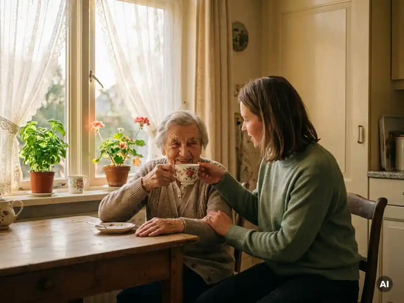 Oudere vrouw aan keukentafel die thee krijgt van jongere vrouw, gouden middaglicht en kanten gordijnen op de achtergrond.