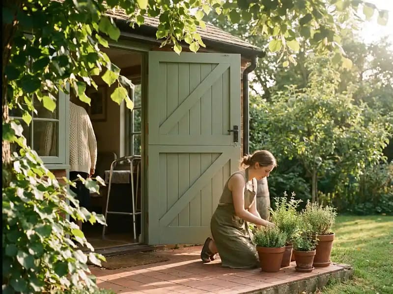 Oudere vrouw in vest bij halfopen houten deur van tuinbijgebouw, verzorger verzorgt kruiden op drempel in zacht middaglicht.