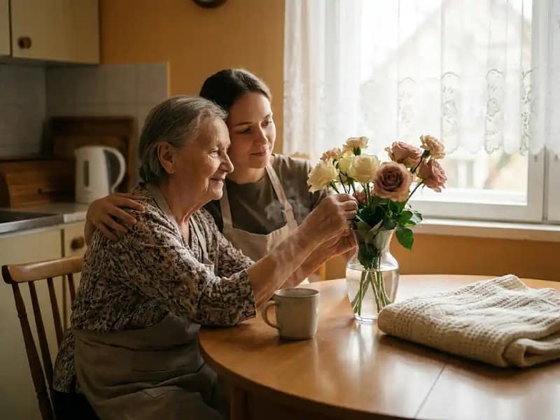 Verzorger helpt oudere vrouw met schikken van verse bloemen aan zonnige keukentafel, dampende mok en gebreide deken op de achtergrond.