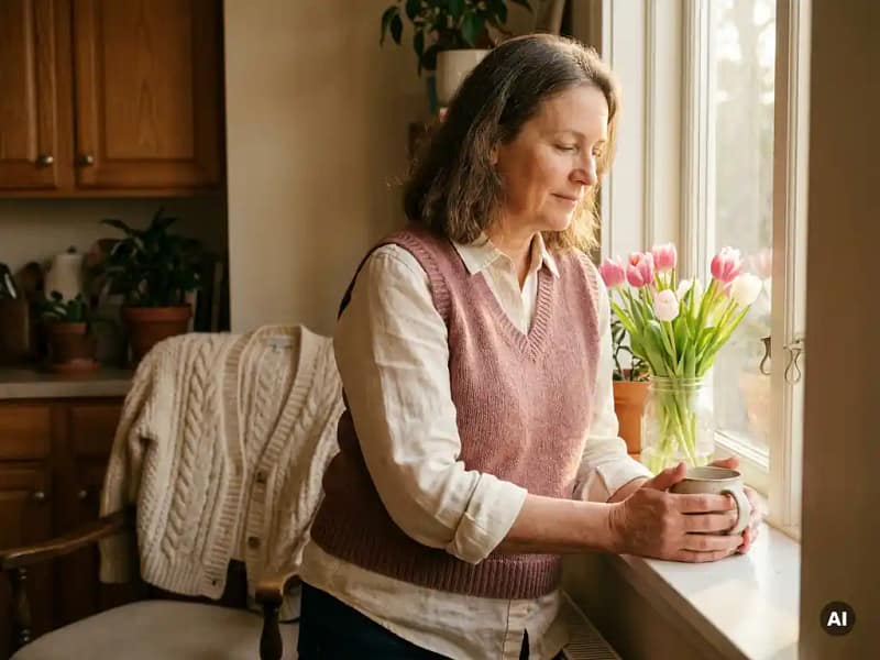 Verzorger in casual kleding bij zonnig keukenraam met warme mok, tulpen op vensterbank en gebreid vest op stoel op de achtergrond.