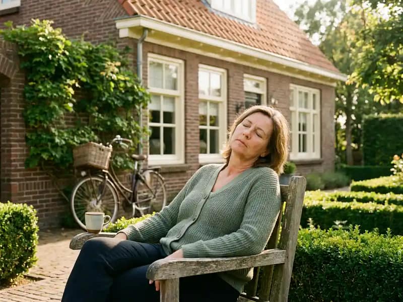Vermoeide mantelzorger rustend op een zonnig tuinbankje bij een Nederlandse bakstenen woning, met dampende thee en fiets op de achtergrond.