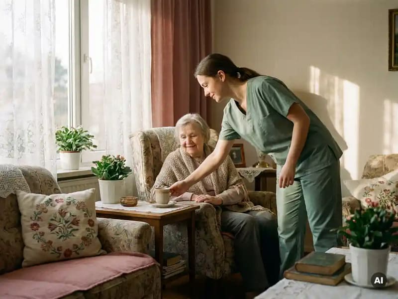 Jonge verzorger in scrubs zet een kop thee neer naast een oudere vrouw in een fauteuil, knus Nederlands interieur met kanten gordijnen.