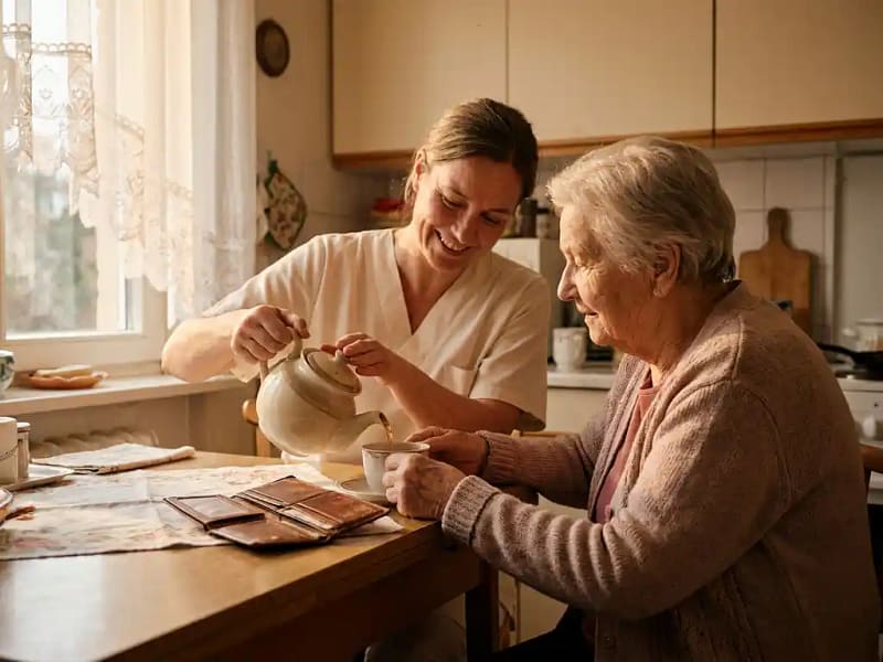 Verzorger schenkt thee in voor oudere vrouw aan keukentafel, opengevouwen leren portemonnee op het houten blad, warm middagslicht.