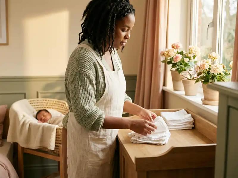Verzorger vouwt zachte witte babykleding naast een houten wiegje in een warme kinderkamer met gouden middaglicht.