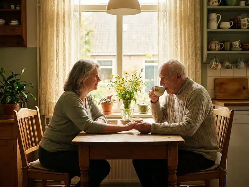 Vrouw helpt oudere man met zijn ochtendthee aan een zonnige keukentafel in een gezellig Nederlands interieur.