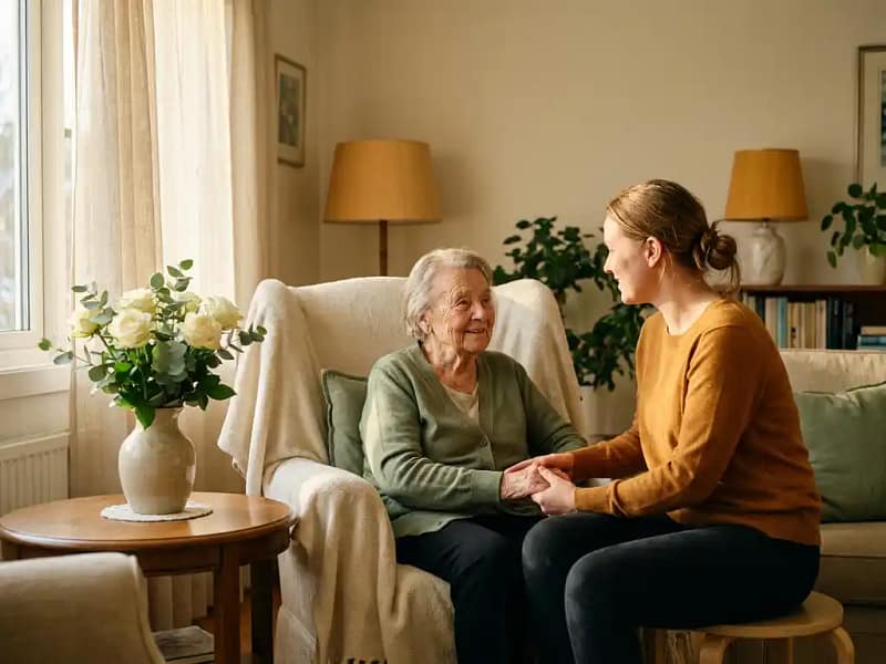 Oudere vrouw in fauteuil houdt hand vast van jongere vrouw in warme woonkamer met zacht middaglicht en verse bloemen.