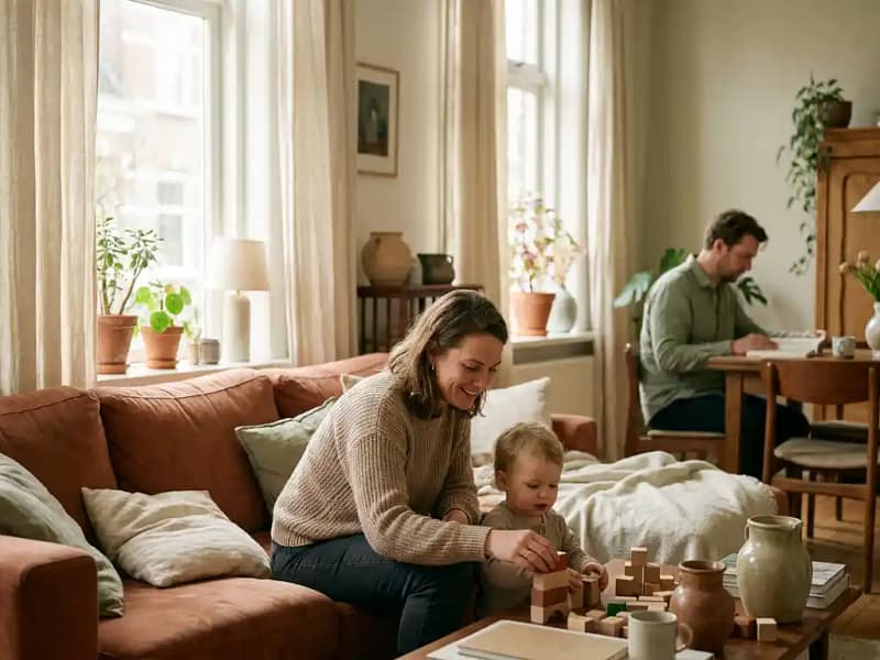 Zorgprofessional begeleidt kind bij activiteit op bank in warme Nederlandse woonkamer, ouder zichtbaar op achtergrond.