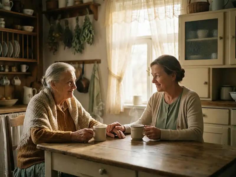 Oudere vrouw en vrouwelijke verzorger delen een rustig moment met dampende thee aan een houten tafel in warm middaglicht.