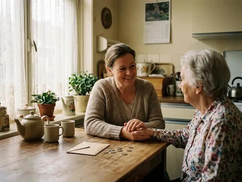 Mantelzorger helpt oudere vrouw aan keukentafel met envelop en euromunten, zacht middaglicht door kanten gordijnen.