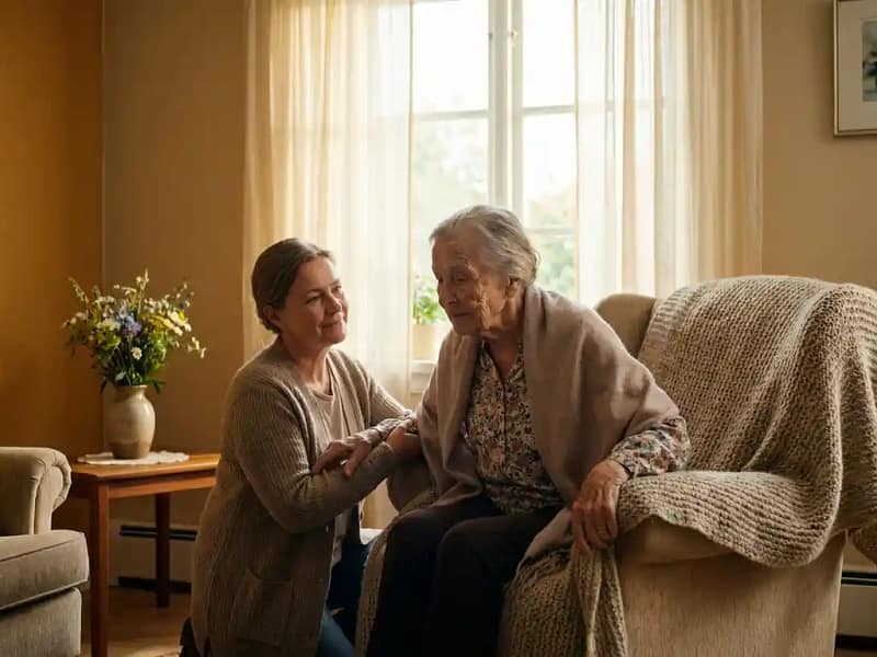 Mantelzorger helpt oudere vrouw in fauteuil bij zonnig raam, met gebreide deken en verse bloemen in warme huiselijke sfeer.