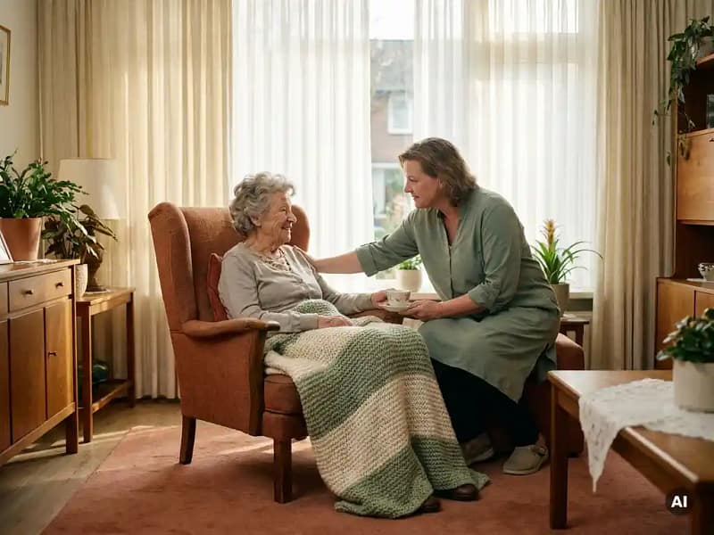 Verzorger helpt oudere vrouw in fauteuil met gebreide deken, zacht middaglicht door vitrage in warme woonkamer.
