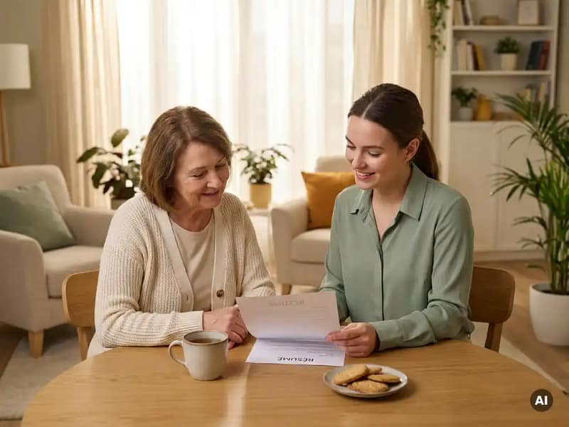 Verzorger en oudere vrouw aan een ronde houten tafel met een cv en dampende thee, zacht middaglicht door gordijnen.