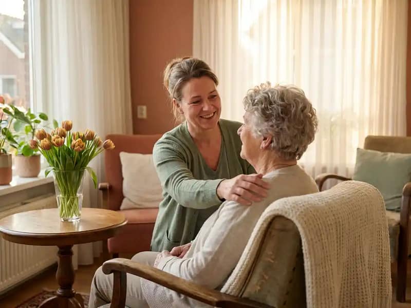 Zorgverlener legt troostend hand op schouder van oudere vrouw in zonnige Nederlandse woonkamer met tulpen en gebreide deken.