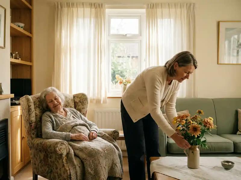 Oudere vrouw rust in fauteuil terwijl verzorger bloemen schikt in zonnige huiskamer met warme natuurlijke tinten.