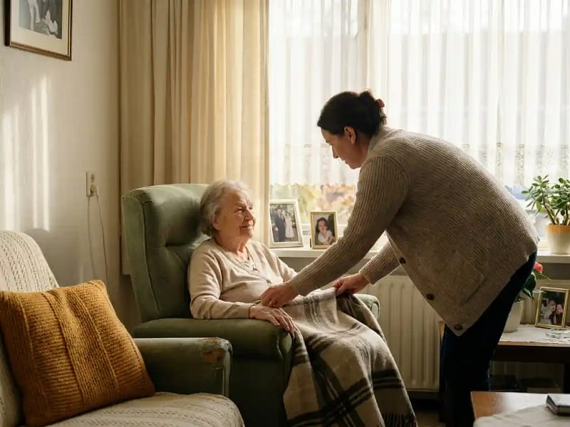 Zorgprofessional legt deken over schoot van oudere vrouw in warme woonkamer met zacht middaglicht.