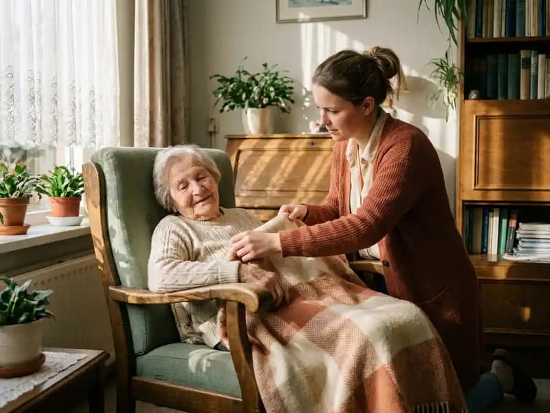Professionele verzorger legt een zachte deken over de schoot van een rustende oudere vrouw in een gezellige Nederlandse woonkamer.