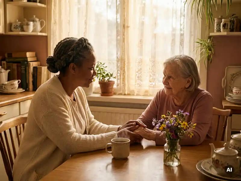 Zorgverlener houdt handen vast van oudere vrouw aan zonnige keukentafel, dampende thee en veldbloemen op de achtergrond.