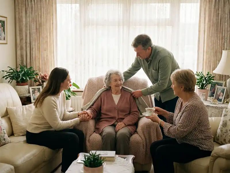 Drie mantelzorgers van verschillende leeftijden omringen een oudere vrouw in een fauteuil in een warme, zonnige woonkamer.
