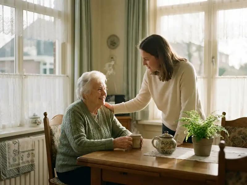 Oudere vrouw aan zonnige keukentafel met jongere vrouw die zorgzaam een hand op haar schouder legt, dampende thee en kamerplant nabij.