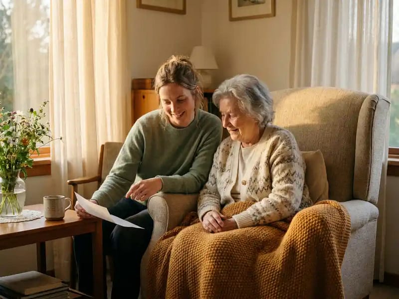 Oudere vrouw en jongere verzorgster bekijken samen een document in een warme woonkamer met middaglicht.