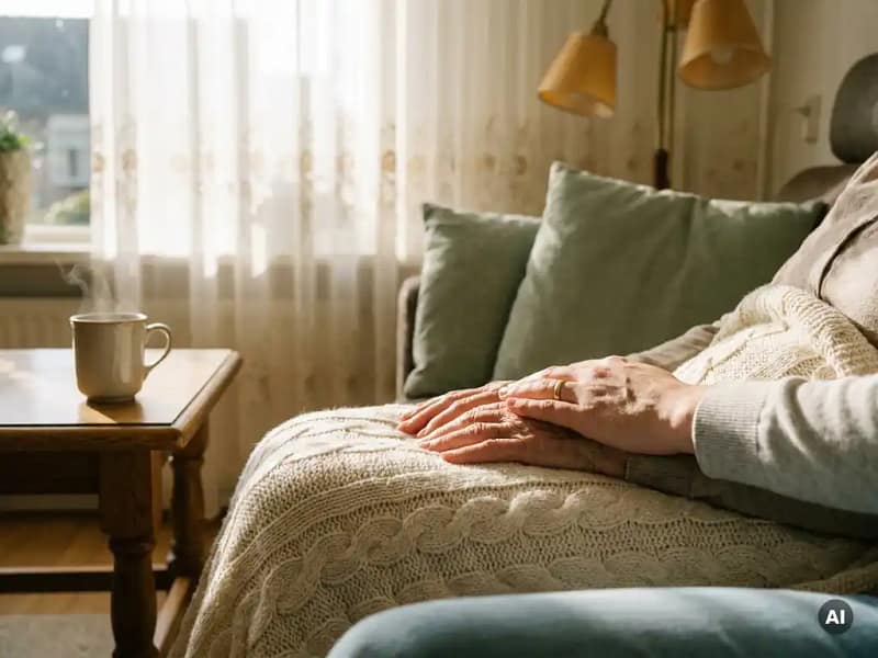 Verzorger legt hand op hand van oudere vrouw onder gebreide deken, dampende theekop op houten bijzettafel in zonnig Nederlands interieur.