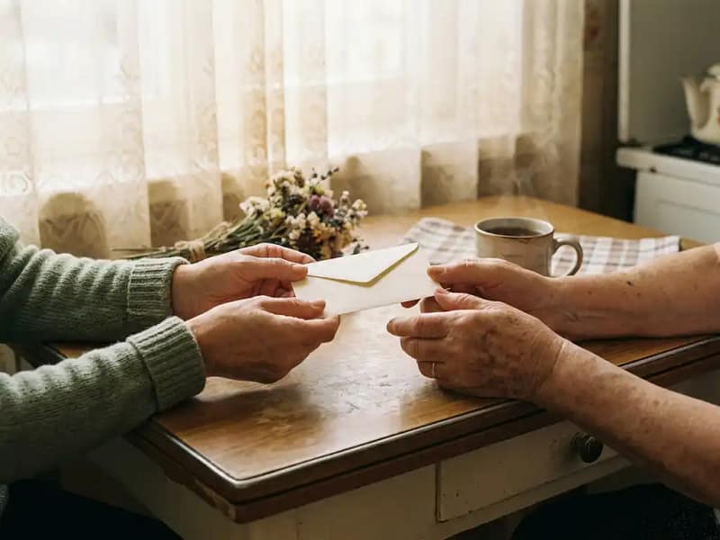 Verzorger reikt een kleine envelop aan een oudere persoon aan een keukentafel, met dampende thee en zachte middaglichtinval.