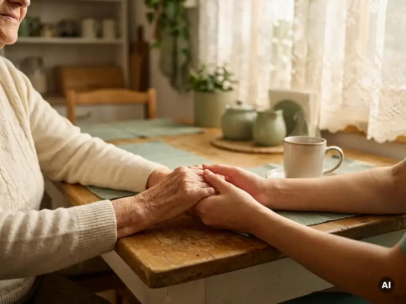 Oudere vrouw wier handen warm worden vastgehouden door een jongere mantelzorger aan een keukentafel, dampende thee op de achtergrond.