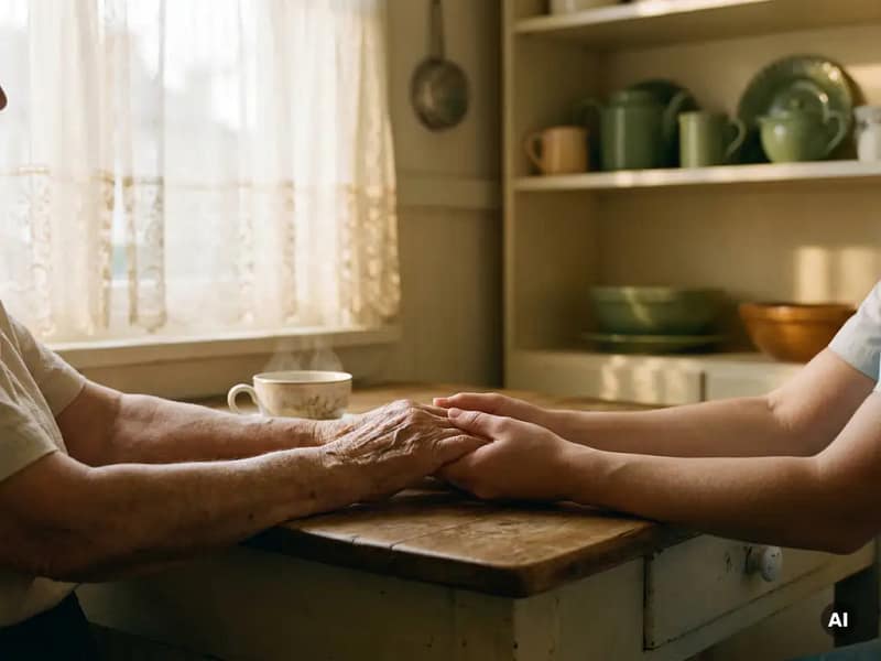 Oudere handen die zachtjes de handen van een mantelzorger vasthouden aan een keukentafel, met een dampende theekop in warm middaglicht.