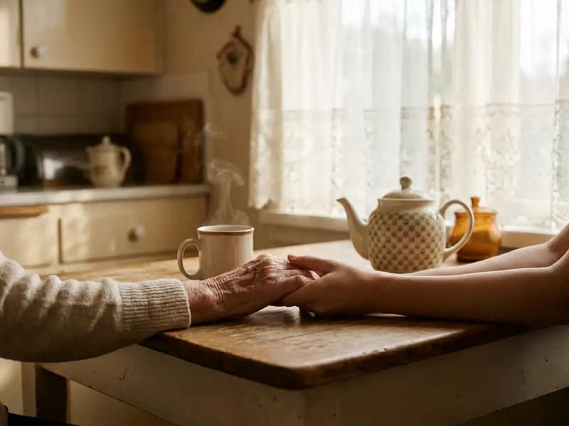 Oudere vrouw en zorgverlener houden elkaars handen vast aan houten keukentafel, dampende thee op achtergrond, warm middaglicht.