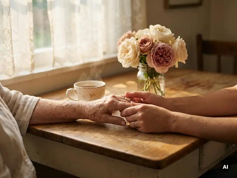 Bejaarde vrouwenhanden die liefdevol worden vastgehouden door een jonge mantelzorger aan een zonnige keukentafel met thee en bloemen.