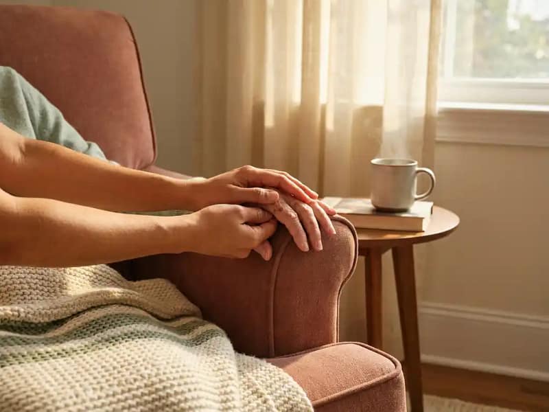 Zorgzame handen die zachtjes de handen van een oudere persoon vasthouden in een fauteuil, met een dampende kop thee op een houten tafeltje.