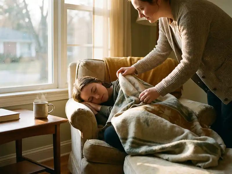 Echtgenoot legt zacht een deken over partner in fauteuil bij zonnig raam, dampende thee op bijzettafel, gouden middaglicht.