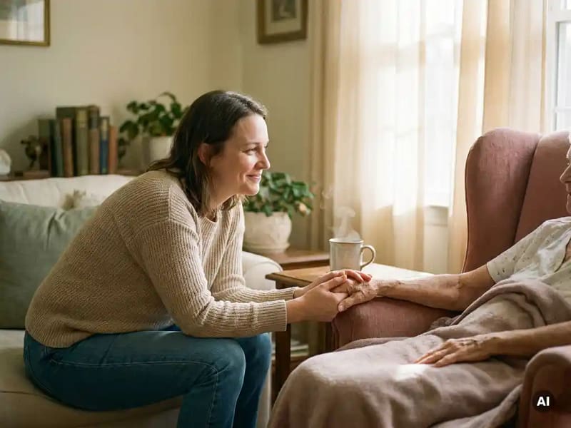 Vrouw in casual kleding helpt oudere persoon in fauteuil, dampende mok op bijzettafel, zacht middaglicht door gordijnen.