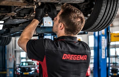 Monteur voert onderhoud uit onder een auto